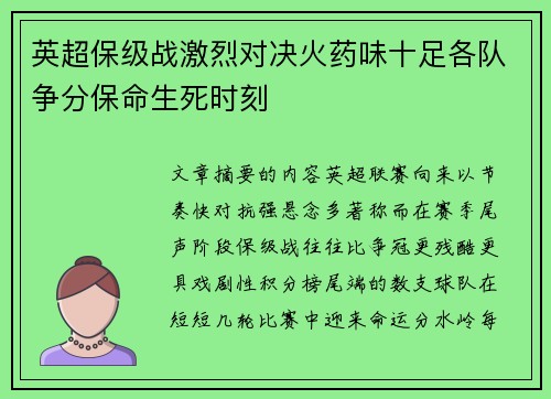 英超保级战激烈对决火药味十足各队争分保命生死时刻